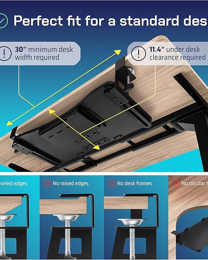 Keyboard Tray | Under Desk Keyboard Tray Slide Out w/Adjustable C-Clamps for Desks Up to 1.5-Inch-Thick | Clamp On Drawer with 1x USB-C to 4 USB-A Hub and 1x Five-Cable Management Organizer