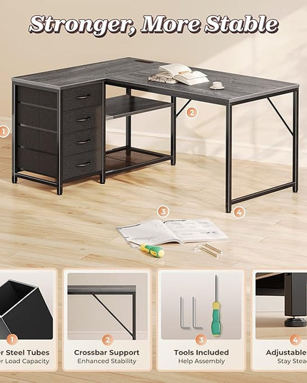 PRAISUN 43.3" Small Computer Desk with Power Outlets and USB-C Port, Reversible L Shaped Corner Office Desk with 4 Fabric Drawers and 2 Height-Adjustable Shelves, for Gaming Writing, Grey