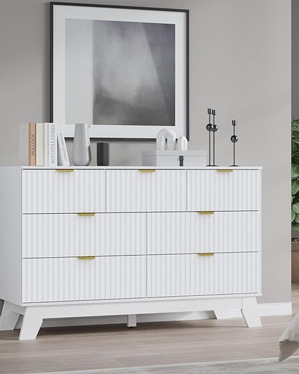 BORNOON Fluted 7 Drawer Dresser, 47.2" Wide Modern Boho Chest of Drawers, Wooden Storage Dresser TV Stand for Bedroom, Living Room, Closet, Hallway, Curved Profile Design