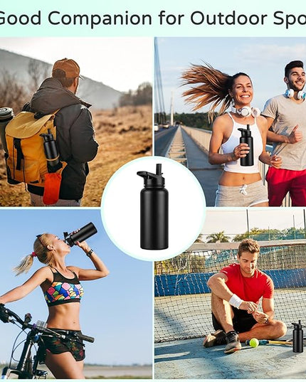 DOMICARE 32 oz Insulated Water Bottle, Vacuum Insulated Stainless Steel Sports Water Bottle with Straw Lid & Spout Lid, Leakproof, Reusable - Travel, Camping, Bike, Black