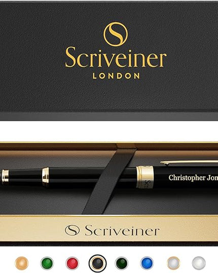Scriveiner Personalized Black Fountain Pen - Stunning Luxury Pen, Jet Black Lacquer, Real Gold Plating, German Schmidt Nib (Medium), Best Engraved Gift Set for Men & Women, Name Engraving