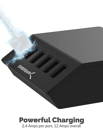 SABRENT Premium 60 Watt (12 Amp) 6 Port Aluminum Family Sized Desktop USB Rapid Charger.[UL Certified ] Smart USB Charger with Auto Detect Technology [Black] (AX-FLCH-B)