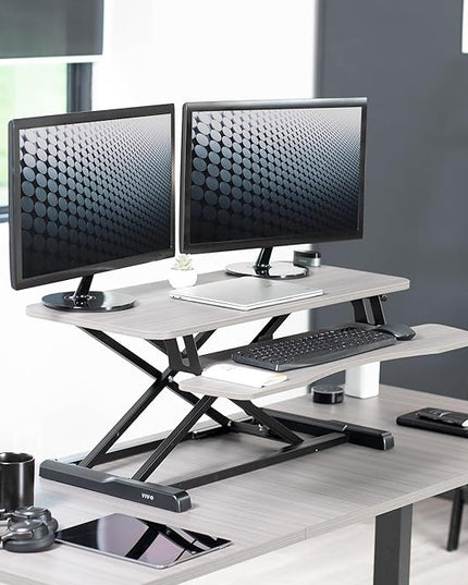 VIVO 36 inch Desk Converter, K Series, Height Adjustable Sit to Stand Riser, Dual Monitor and Laptop Workstation with Wide Keyboard Tray, Gray Top, Black Frame, DESK-V036KG