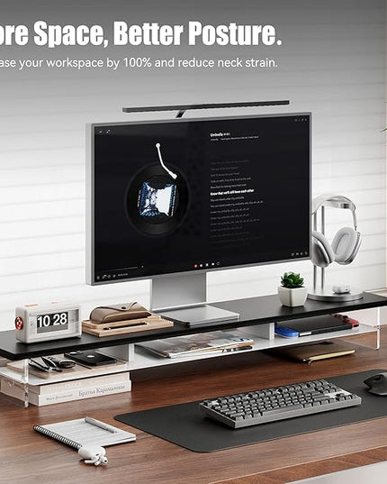 Dual‑Tier Monitor Stand for Modern Desk Setup – Minimalist Wooden and Metal Riser Shelf with Transparent Acrylic Feet for Dual Monitors, Laptops, Home Office Aesthetic，Black and White