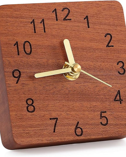 Kattepote Wooden Table Clock on Stand, Decorative Battery Operated Desk and Shelf Clock, Silent Non-Ticking Desktop Clock for Office, Living Room or Bedroom Decor, Square Shape, Sapele Wood