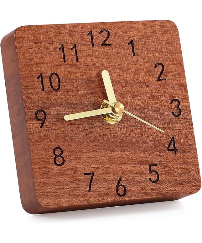 Kattepote Wooden Table Clock on Stand, Decorative Battery Operated Desk and Shelf Clock, Silent Non-Ticking Desktop Clock for Office, Living Room or Bedroom Decor, Square Shape, Sapele Wood