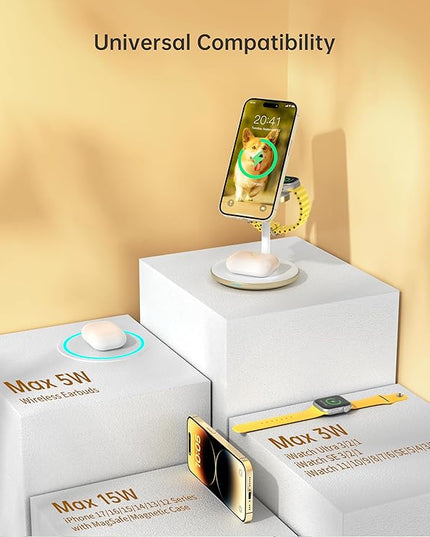 XooFly 3 in 1 Wireless Charging Station for Apple Devices, Fast Wireless Mag-Safe Charger Stand with 20W Adapter for iPhone 17/16 15 14 13 12 Pro Max/Pro/Plus/Air/Mini, iWatch, AirPods (Gold)