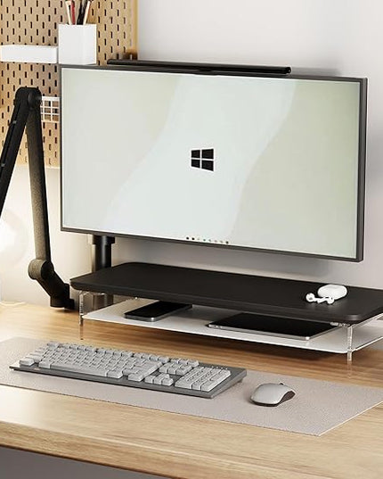 Fenge Acrylic Monitor Stand Riser, 23.6 Inches Monitor Stand with Metal Storage, 2 Tier Acrylic Computer Riser for Desk, Clear Laptop Stand for PC, Laptop, Printer, TV