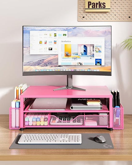 OPNICE Desk Organizer and Accessories, 2-Tier Computer Monitor Stand with Drawer and 2 Pen Holders, Laptop Stand, Office Desk Accessories for Office Supplies, Carmine Rose