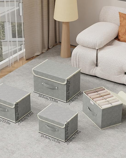 Storage Boxes, Collapsible Storage Bins with Lids, Cotton and linen cloth Storage Baskets with Handle, for Books, Closet, Bedroom, Home, 10.2x7.9x6.7 in, Grey