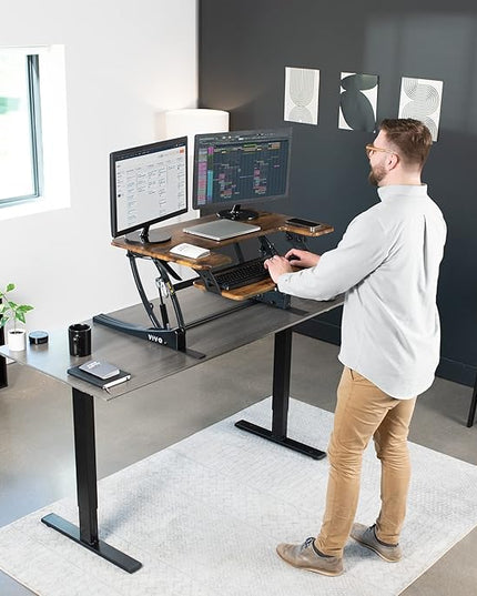 VIVO 36 inch Height Adjustable Stand Up Desk Converter, V Series, Quick Sit to Stand Tabletop Dual Monitor Riser Workstation, Rustic Vintage Brown Top, Black Frame, DESK-V000VN
