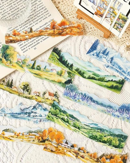 Dwpetzo Transparent PET Stickers for Journaling Scrapbooking, 60 Sheets Large Seasonal Landscape House Mountain Forest Wildflower Stickers Set for Junk Journal, Collage, Crafts Arts