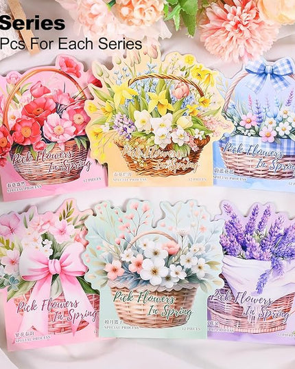 AuriicLeaf Floral Basket Holographic PET Sticker Set, 72Pcs Vintage Flower Stickers for Scrapbooking, Journaling, Junk Journal Supplies, and DIY Crafts