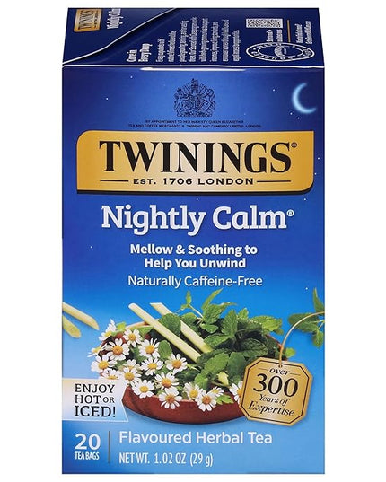 Twinings Nightly Calm Herbal Tea Individually Wrapped Bags, 20 Count (Pack of 1), Spearmint & Lemongrass, Naturally Caffeine-Free, Enjoy Hot or Iced, 20 Teabags