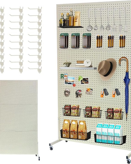 3.5'x 6' Pegboard Display Stand with T-Base, Metal Peg Board Organizer Panels Display Rack With Wheel, Standing Pegboard Display, Extra 30 pieces Hooks, Cream