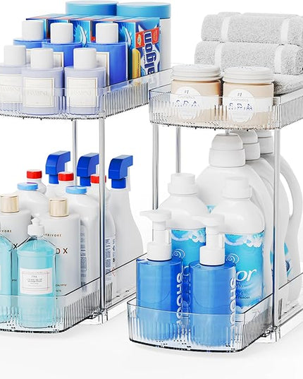 2 Pack Large Pull Out Bathroom Organizers and Storage,2 Tier 12.8″ Tall Sliding Kitchen Under Sink Organizer for Cleaning Products Storage,Acrylic Clear Bathroom inder Sink Organizer,Undersink Storage