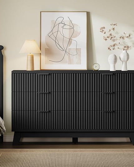 BORNOON 53" Long Dresser for Bedroom, 6-Drawer Dresser with Fluted Fronts, Wide Wood Chest of Drawers, Smooth Metal Slides, Stable Base, Modern Clothes Storage Cabinet for Living Room, Hallway