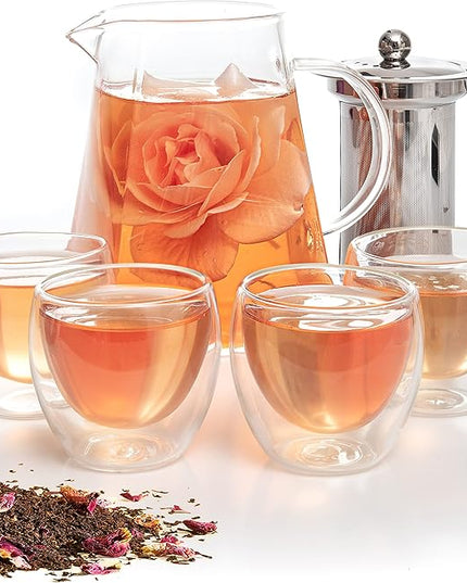 Mixpresso 5 Piece Glass Tea Pot Set, Kettle with Removable Infuser, Clear Glass Teapot 33oz With 4 Double Wall Cups 2.7oz Stovetop Safe Teapot For Loose Leaf Tea, Perfct As Tea Gift Sets.