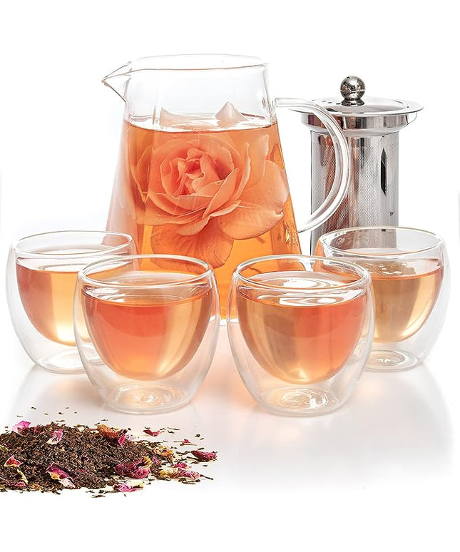 Mixpresso 5 Piece Glass Tea Pot Set, Kettle with Removable Infuser, Clear Glass Teapot 33oz With 4 Double Wall Cups 2.7oz Stovetop Safe Teapot For Loose Leaf Tea, Perfct As Tea Gift Sets.