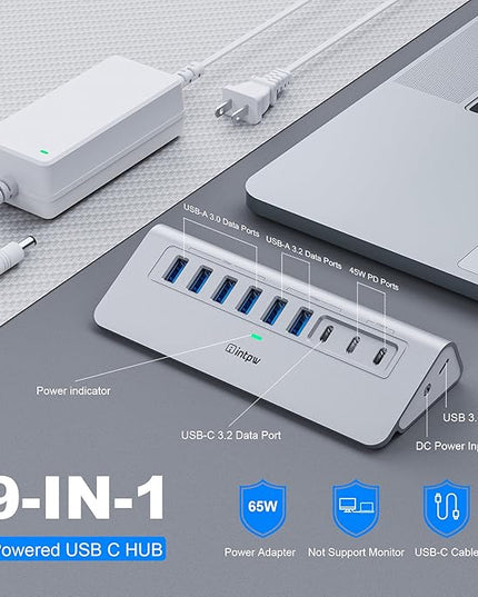 Powered USB Hub 10Gbps, intpw 9-Port USB 3.2 Hub, USB C Hub with USB A/USB C 3.2, 4 USB 3.0, 2 PD 45W Charging Ports, 65W Power Adapter and 3.3FT Cable, Aluminum USB Hub for Laptop, iPhone 17/16/15，PC