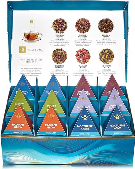 Teabloom Wellness Tea Collection – Fruit & Herbal Assortment with 12 Plant-Based Pyramid Sachets, Organic Ingredients, Elegant Presentation Box, Thoughtful Gift for Tea Lovers
