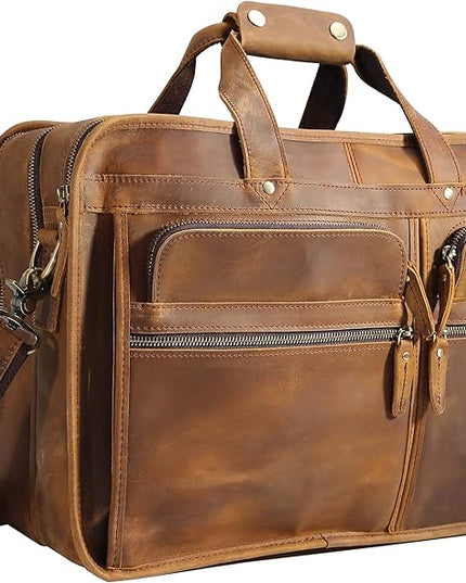 Polare 17'' Full Grain Leather Briefcase Laptop Attache Case Messenger Bag For Men Fits 15.6'' Laptop