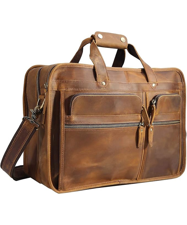 Polare 17'' Full Grain Leather Briefcase Laptop Attache Case Messenger Bag For Men Fits 15.6'' Laptop