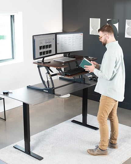VIVO 36 inch Height Adjustable Stand Up Desk Converter, V Series, Quick Sit to Stand Tabletop Dual Monitor Riser Workstation, Dark Walnut Top, Black Frame, DESK-V000VD