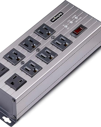 StarTech.com Flat Plug 8-Outlet Heavy Duty Industrial Power Strip 125V/15A with Surge Protector, EMI/RFI Isolation, Mountable PDU, 12ft/3.6m Extension Power Cord, NEMA 5-15P/R, TAA