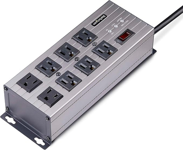 StarTech.com Flat Plug 8-Outlet Heavy Duty Industrial Power Strip 125V/15A with Surge Protector, EMI/RFI Isolation, Mountable PDU, 12ft/3.6m Extension Power Cord, NEMA 5-15P/R, TAA
