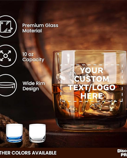 DISCOUNT PROMOS Custom Whiskey Glasses 10 oz Set of 10/50/100, Personalized Bulk Pack - Heavy Base Old Fashioned Glass, Perfect for Scotch, Bourbon, Whiskey, Cocktail - Black Bottom Color