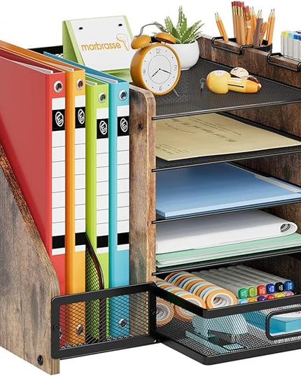 Marbrasse Desk Organizer with File Holder, 5-Tier Paper Letter Tray Organizer with Drawer and 2 Pen Holder, Mesh Desktop Organizer and Storage with Magazine Holder for Office Supplies (Wood-Brown)
