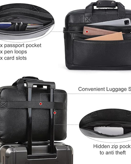 Masa Kawa Men’s Leather Briefcase for 16" Laptop Waterproof Crossbody Shoulder Messenger Bag Computer Attache Case for Business Travel Work, Black
