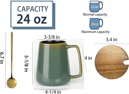 HYTYSKAR 24 OZ Extra Large Ceramic Coffee Mug, with Spoon and Wooden Lid, Big Tea Cups with a Large Handle for Office and Home, Microwave and Dishwasher Safe (24 oz Green Set)