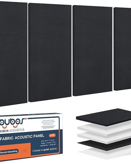 BUBOS 4 PCS Acoustic Panels,23.6''x11.8'' Fabric Soundproof Wall Panels,Self-adhesive Sound Absorbing Panels for Studios, Office, Home Theater,Fabric-Clad Black