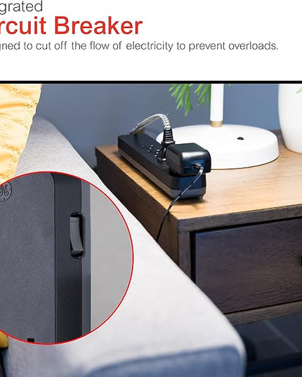 GE Pro 6-Outlet Surge Protector, 8 Ft Extension Cord, 1560 Joules, Power Strip, Flat Plug, Integrated Circuit Breaker, Wall Mount, UL Listed, Black, 37052