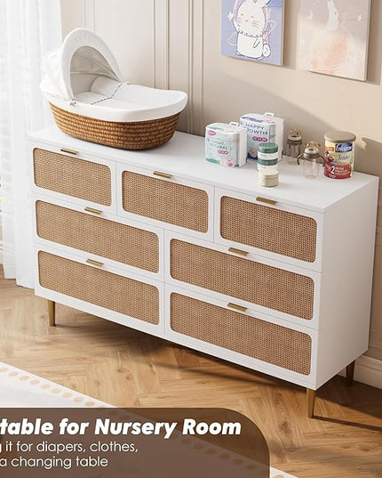 Garvee Rattan Dresser with 7 Drawers, Tall Modern Closet with Deep Storage, Large Chest of Drawers with Wide Top, Long Wooden Dresser for Bedroom, Living Room, Hallway, Kids Room, White