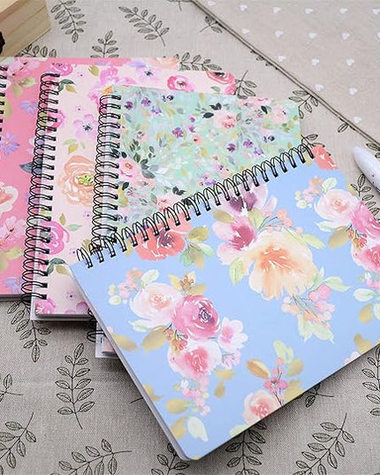 Yansanido Spiral Notebook, 4 Pcs A5 Thick Flower Design Hardcover 8mm Ruled 4 Color 80 Sheets -160 Pages Journals for Study and Notes (flower)