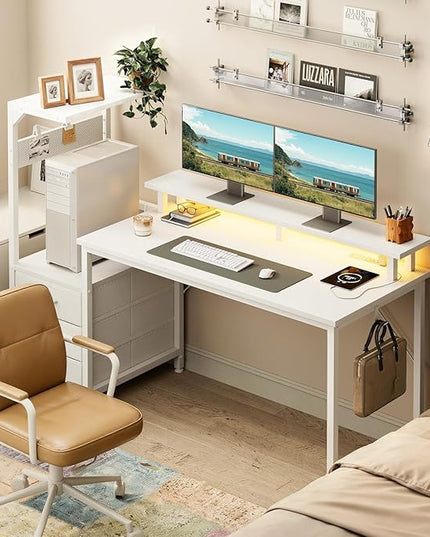 AODK 59 Inch Gaming Desk with USB Charging Ports & LED Light- Reversible Computer Desk with Storage Shelves & Monitor Stand, Modern Gamer Desk Table with Fabric Drawers & Side Hook, Carbon Fiber White
