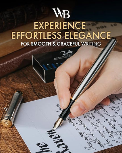 Wordsworth & Black Fountain Pen Set, 18K Gilded Bent Nib, Includes 24 Pack Ink Cartridges, Ink Refill Converter & Gift Box, Gold Finish, Calligraphy, [Silver Gold], Perfect for Men & Women