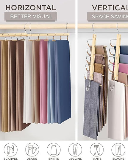 MORALVE Pants Hangers Space Saving - 2 Pack European Beechwood Scarf and Jean Hangers - Closet Organizer and Space Saver Pant Rack, Leggings Hanger, and Scarf Holder with 360° Swivel Hook