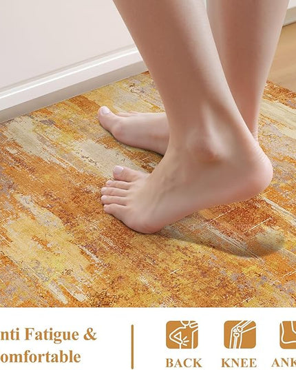 Collive Kitchen Mats for Floor 2PCS, Fall Abstract Cushioned Anti Fatigue Mat Non Slip Waterproof Kitchens Sink Rug, Orange Modern Comfort Standing Mat for Desk, Bar, Home Decor, 17"x47"+17"x29"