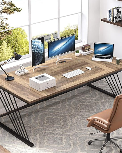 FOLUBAN 70.9" Computer Desk with Z-Shaped Legs, Industrial Work Executive Home Office Desk, Large 2 Person Gaming Study Desk Writing Table, Oak