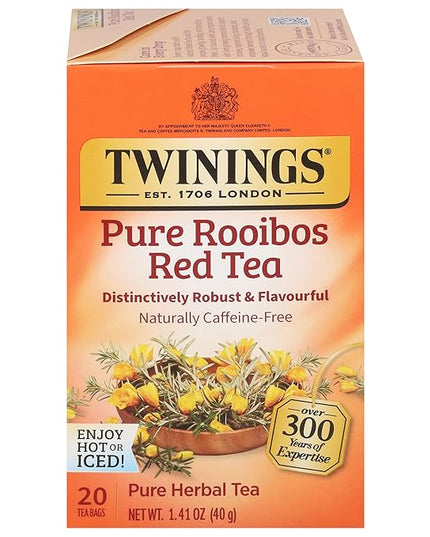 Twinings Pure Rooibos Red Herbal Tea Individually Wrapped Bags, 20 Count (Pack of 1), Sweet with Uplifting Aroma, Naturally Caffeine-Free, Enjoy Hot or Iced, 20 Teabags
