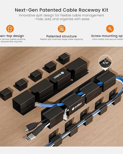 EUREKA ERGONOMIC 316 PCS Cable Management Organizer Kit Cable Raceways, 6 Cable Holder, 4 Cord Sleeve, 60 Wire Clips,2 Roll Self Adhesive Wire Ties, 100 Zip Ties for Office Home Under PC Desk, Black