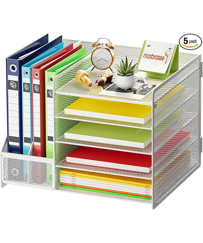 Marbrasse Desk Organizer with File Holder, 5-Tier Paper Letter Tray, Mesh Desk Organizers and Accessories with Magazine Holder, Desktop Organizer and Storage for Office Supplies (White)