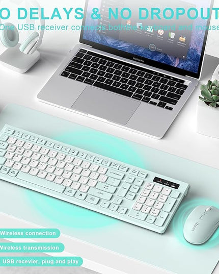 Silent Keyboard and Mouse Combo Wireless,ful-Sized Wireless Keyboard and Adjustable DPI Mouse, 2.4GHz USB Receiver, Keyboard and Mouse for PC, Windows, MAC, Desktop, Laptop (Mint Green-B)