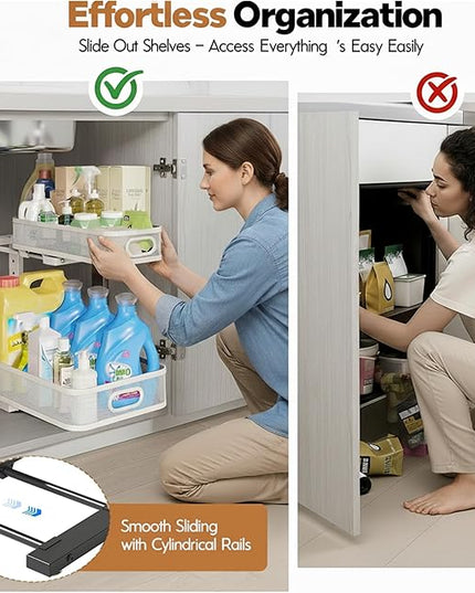 2 Pack Under Sink Organizer, Dual-Layer Pull Out Mesh Cabinet Rack with 5-Level Height Adjustment, Rust-Resistant Sliding Storage for Bathroom & Kitchen, Multi-Purpose 2-Tier Shelf
