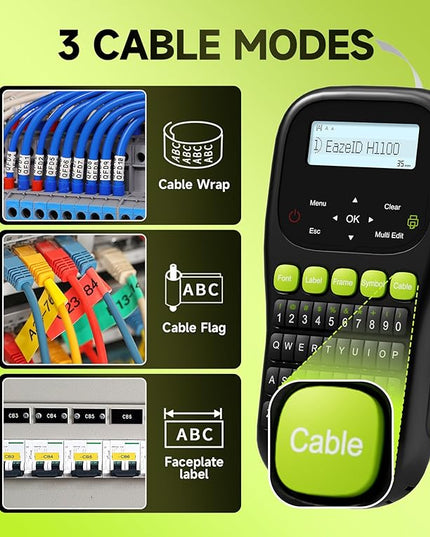 Industrial Label Maker Machine with-Tape Waterproof, Portable Cable Label Maker with Keyboard, Handheld Wire Labeler with Backlight Screen for Home Office Use, H1100 Black
