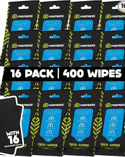 Fortress Electronic Wipes With Microfiber Cloth (25 ct, Pack of 16) To-Go Tech Wipes for Screens, Phones, Keyboards, TV Monitors, Computer Screens, and More [Travel Size] Skin-Safe